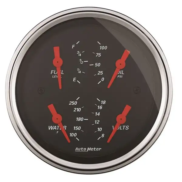 AutoMeter Designer Black 3.375in Quad Gauge - Fuel Level / Oil Pressure / Water Temp. / Voltmeter (1414)